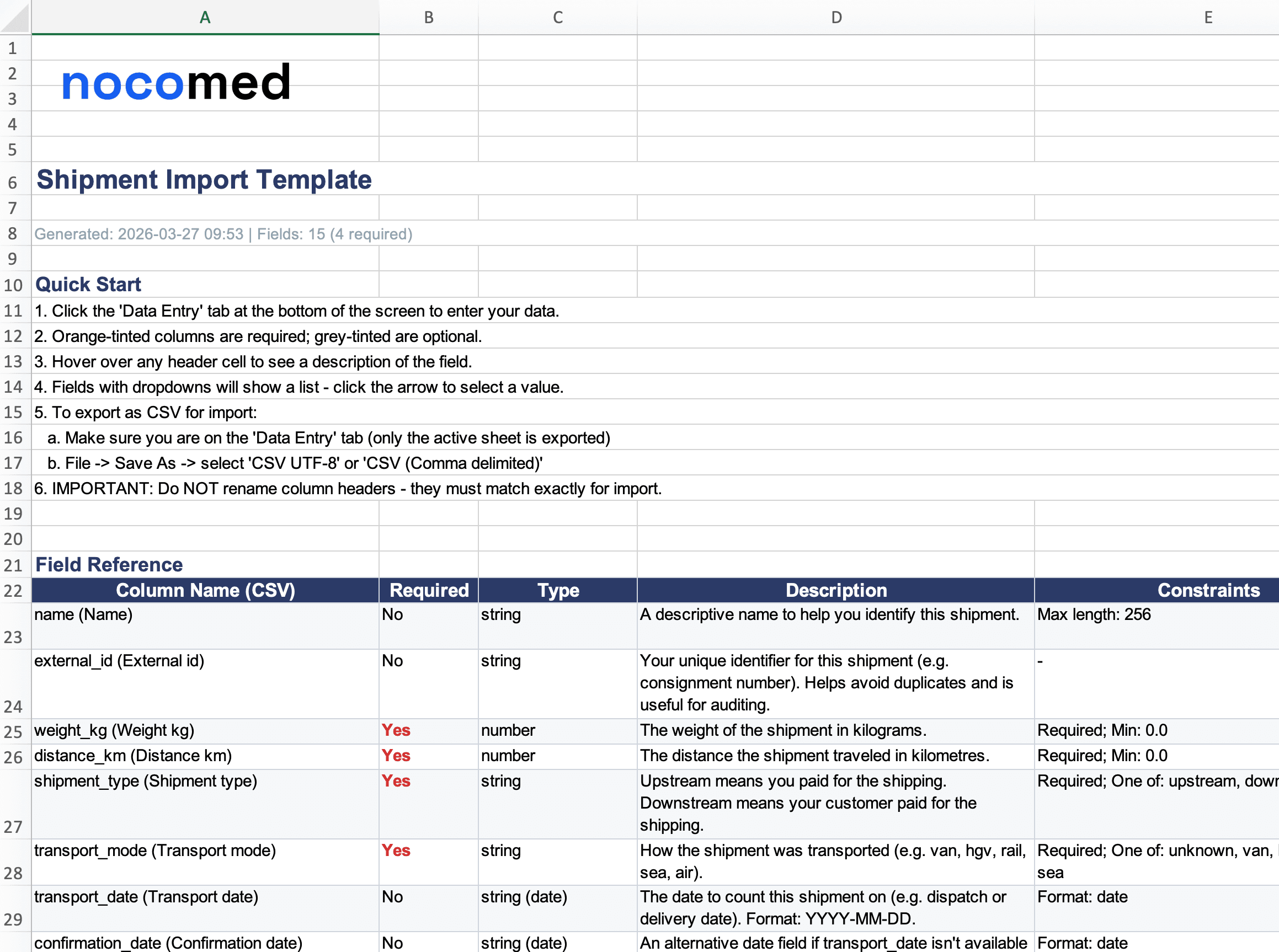 Excel template for flexible data upload into Nocomed