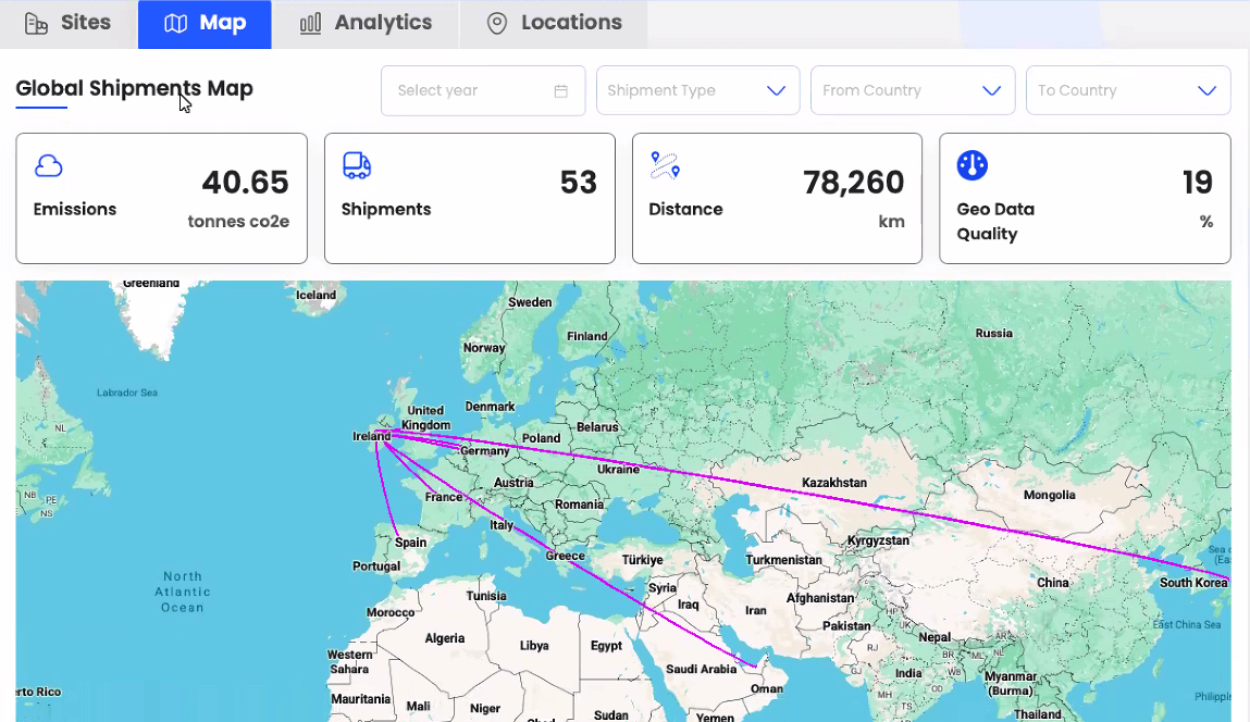 Global Shipments Map showing emissions, shipments, and distance tracking