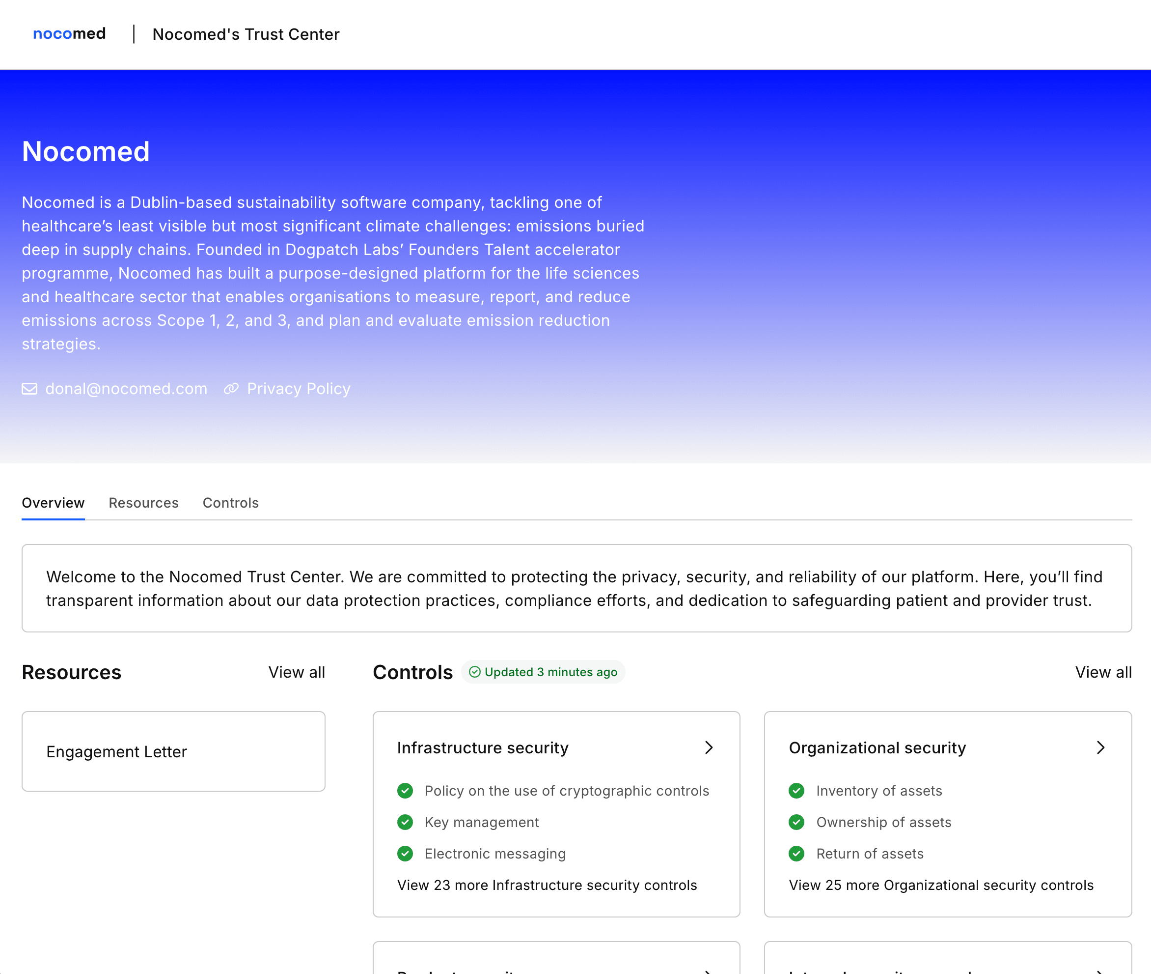 Nocomed Trust Center showing security controls and compliance information